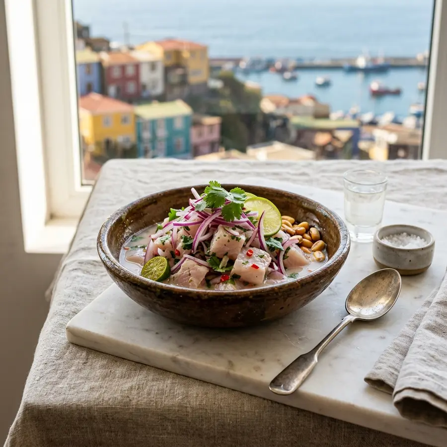 Ceviche en plato de greda sobre mármol, con los cerros del puerto por la ventana